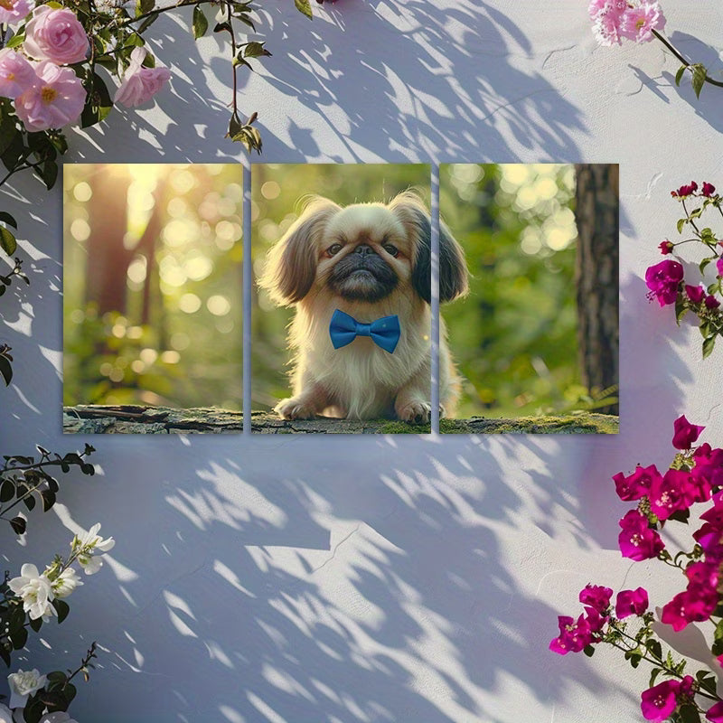 3pcs Pekingese Dog Cute Bow Tie  Forest Scene Wall Art Set Canvas Framed 50x70cm - High Quality Print 100% Australian Made Wall Canvas Ready to Hang