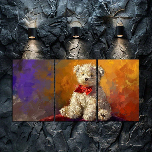3pcs Adorable White Teddy Bear in a Red Bow Wall Art Set Canvas Framed 60x90cm - High Quality Print 100% Australian Made Wall Canvas Ready to Hang