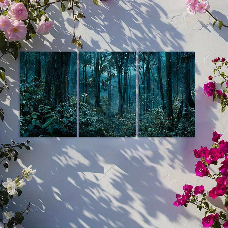 3pcs Dense Forest at Night with Tall Trees Wall Art Set Canvas Framed 50x70cm - High Quality Print 100% Australian Made Wall Canvas Ready to Hang