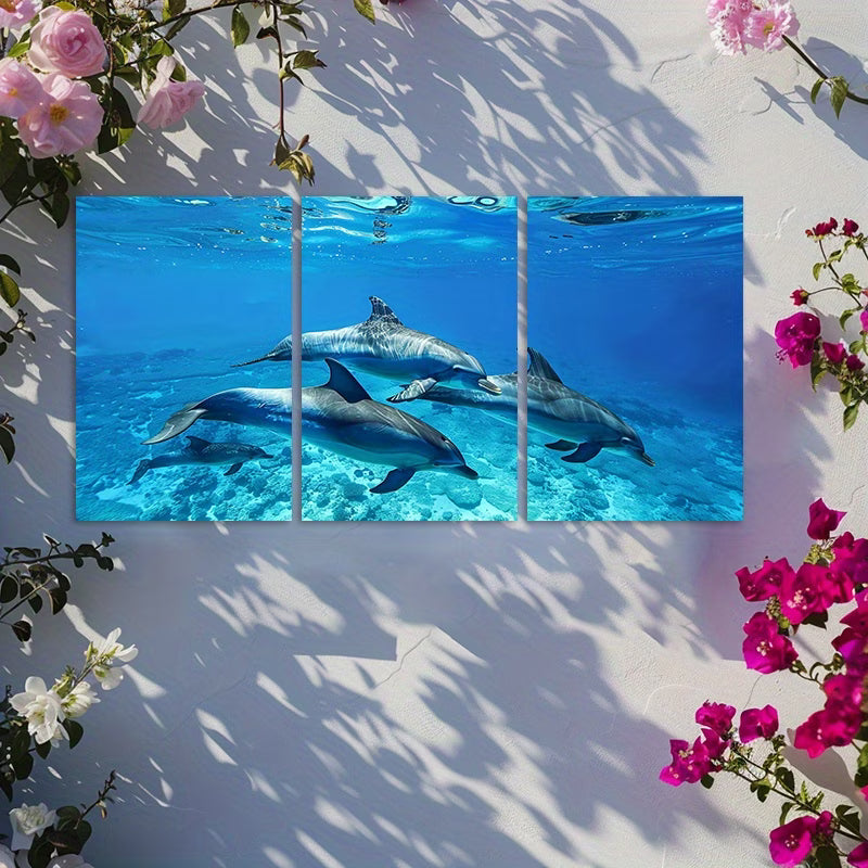 3pcs Graceful Dolphin Family Wall Art Set Canvas Framed 40x60cm - High Quality Print 100% Australian Made Wall Canvas Ready to Hang