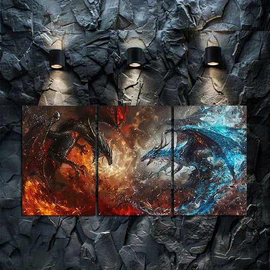 3pcs Fantasy Dragons Battle Design Wall Art Set Canvas Framed 50x70cm - High Quality Print 100% Australian Made Wall Canvas Ready to Hang