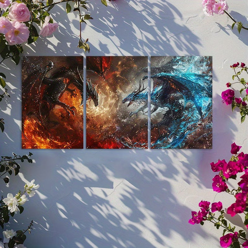 3pcs Fantasy Dragons Battle Design Wall Art Set Canvas Framed 50x70cm - High Quality Print 100% Australian Made Wall Canvas Ready to Hang