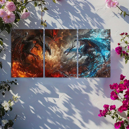 3pcs Fantasy Dragons Battle Design Wall Art Set Canvas Framed 50x70cm - High Quality Print 100% Australian Made Wall Canvas Ready to Hang