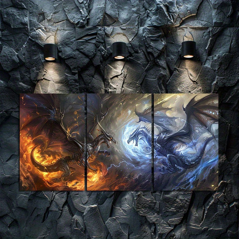 3pcs Dragon Battle Fantasy Mythical Creatures Wall Art Set Canvas Framed 60x90cm - High Quality Print 100% Australian Made Wall Canvas Ready to Hang - Bella Home Decor