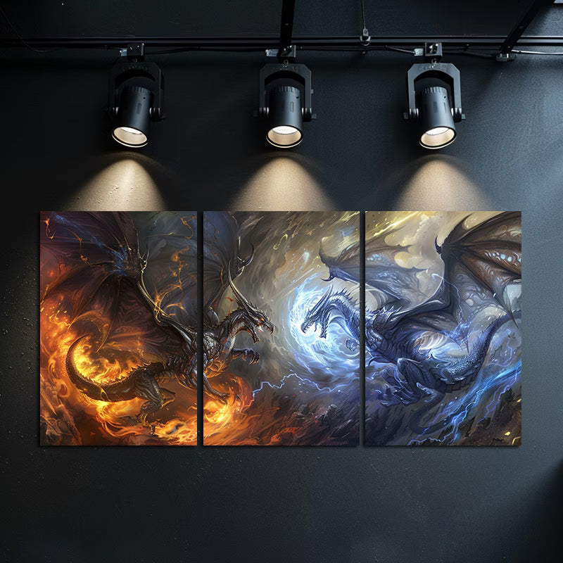 3pcs Dragon Battle Fantasy Mythical Creatures Wall Art Set Canvas Framed 40x60cm - High Quality Print 100% Australian Made Wall Canvas Ready to Hang