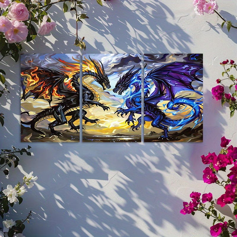 3pcs Fantasy Dragon Battle Illustration Wall Art Set Canvas Framed 60x90cm - High Quality Print 100% Australian Made Wall Canvas Ready to Hang