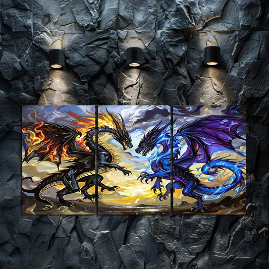3pcs Fantasy Dragon Battle Illustration Wall Art Set Canvas Framed 60x90cm - High Quality Print 100% Australian Made Wall Canvas Ready to Hang