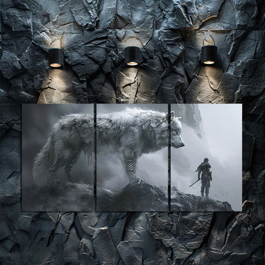 3pcs Adventurer and Mythical Wolf Fantasy Design Wall Art Set Canvas Framed 40x60cm - High Quality Print 100% Australian Made Wall Canvas Ready to Hang