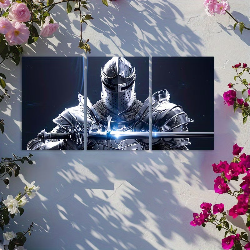 3pcs Fantasy Knight in Full Armor Wall Art Set Canvas Framed 50x70cm - High Quality Print 100% Australian Made Wall Canvas Ready to Hang