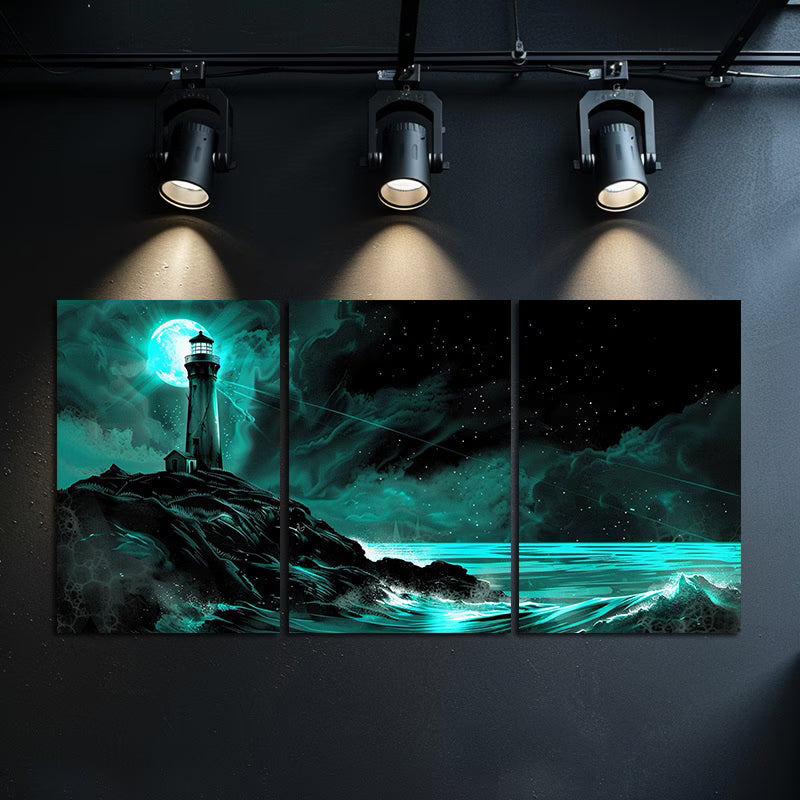 3pcs Mystical Teal Moon & Lighthouse Design Wall Art Set Canvas Framed 40x60cm - High Quality Print 100% Australian Made Wall Canvas Ready to Hang