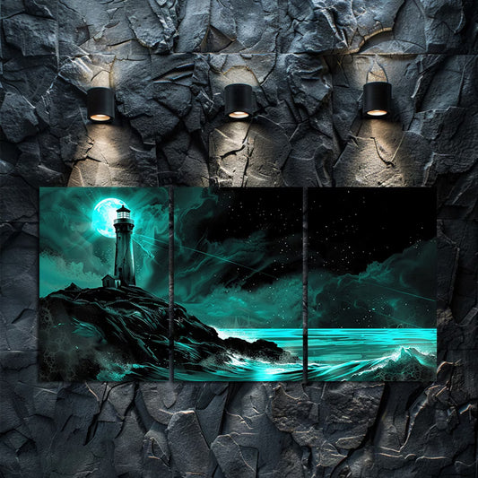 3pcs Mystical Teal Moon & Lighthouse Design Wall Art Set Canvas Framed 60x90cm - High Quality Print 100% Australian Made Wall Canvas Ready to Hang