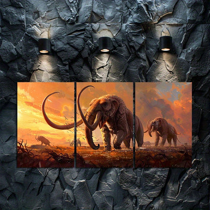 3pcs Mammoth Migration Saber-Toothed Tiger Scene Wall Art Set Canvas Framed 60x90cm - High Quality Print 100% Australian Made Wall Canvas Ready to Hang