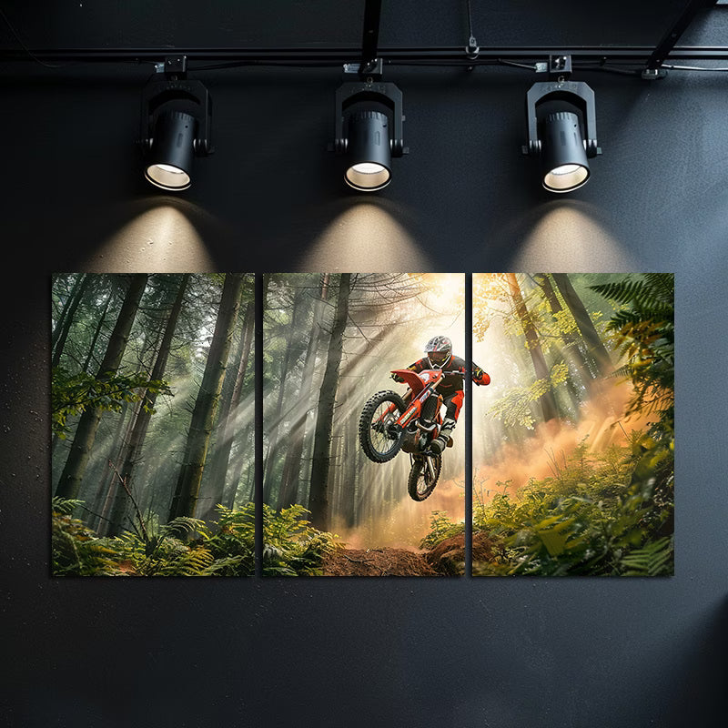 3pcs Enduro Biker Jumping Over Trees in The Forest Wall Art Set Canvas Framed 40x60cm - High Quality Print 100% Australian Made Wall Canvas Ready to Hang