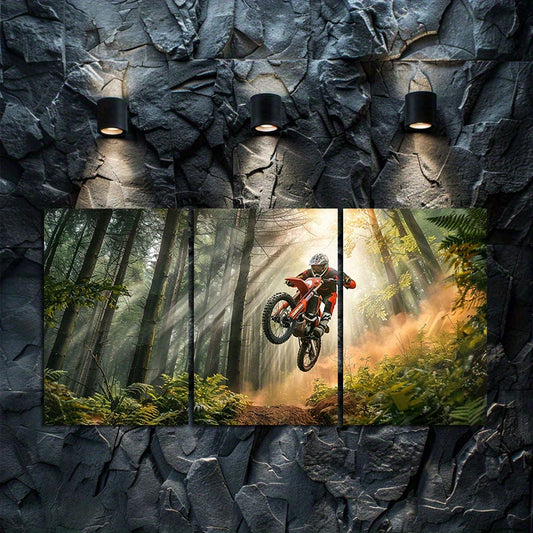 3pcs Enduro Biker Jumping Over Trees in The Forest Wall Art Set Canvas Framed 50x70cm - High Quality Print 100% Australian Made Wall Canvas Ready to Hang