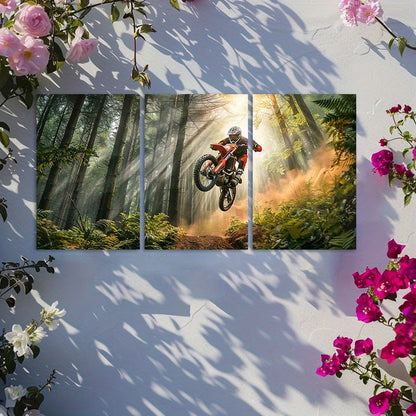 3pcs Enduro Biker Jumping Over Trees in The Forest Wall Art Set Canvas Framed 50x70cm - High Quality Print 100% Australian Made Wall Canvas Ready to Hang