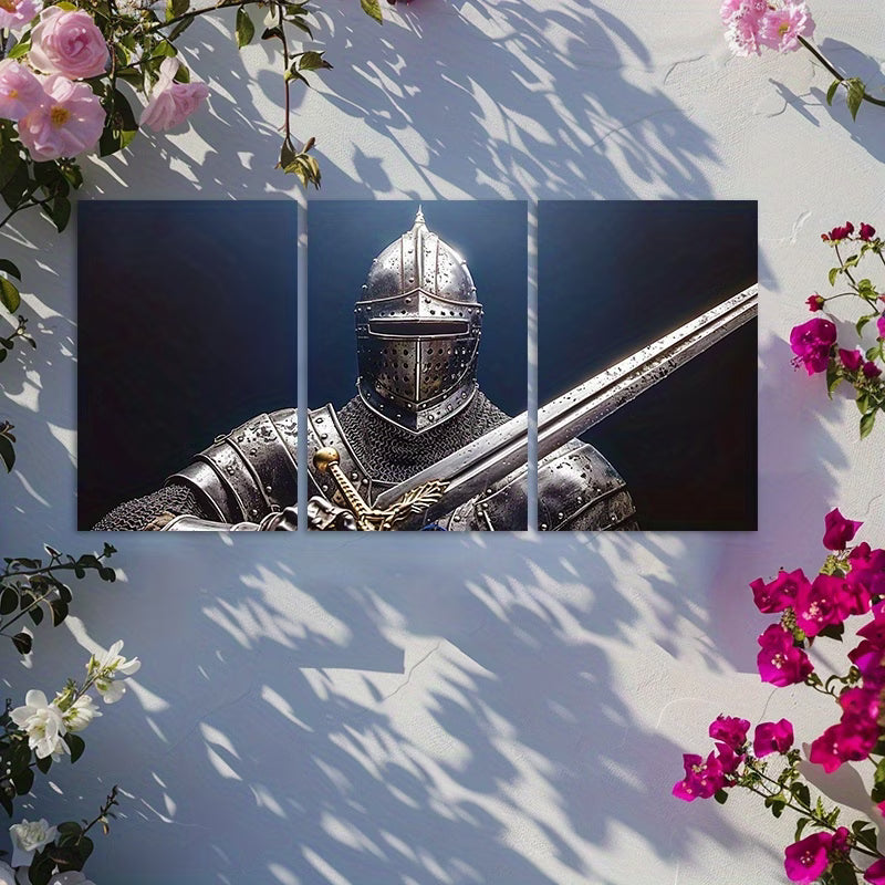 3pcs A Knight in Full Plate Armor Wall Art Set Canvas Framed 40x60cm - High Quality Print 100% Australian Made Wall Canvas Ready to Hang - Bella Home Decor