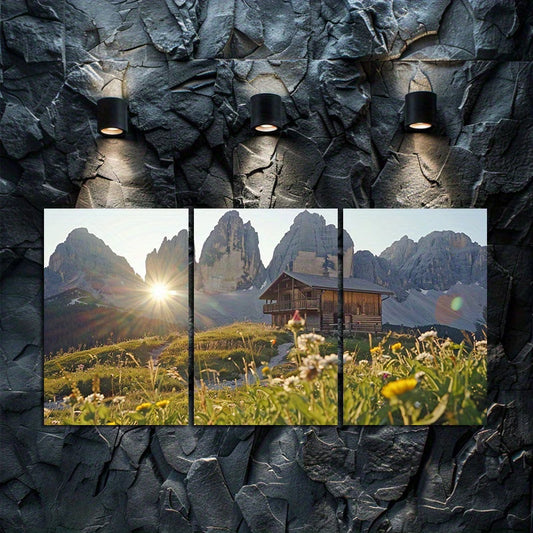 3pcs Alpine Meadow & Mountain Hut Wall Art Set Canvas Framed 60x90cm - High Quality Print 100% Australian Made Wall Canvas Ready to Hang