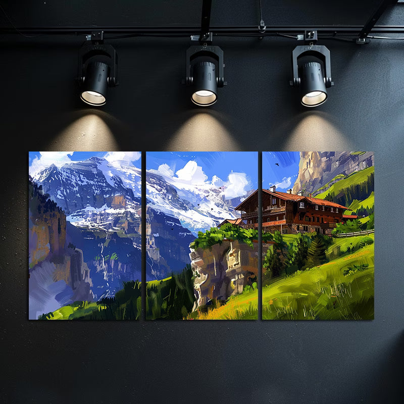 3pcs Large Mountain Hut in The Swiss Mountains Wall Art Set Canvas Framed 40x60cm - High Quality Print 100% Australian Made Wall Canvas Ready to Hang