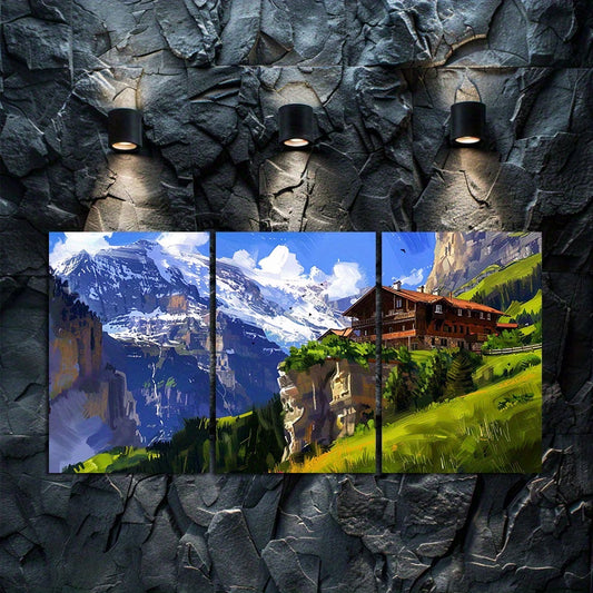 3pcs Large Mountain Hut in The Swiss Mountains Wall Art Set Canvas Framed 60x90cm - High Quality Print 100% Australian Made Wall Canvas Ready to Hang
