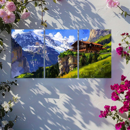 3pcs Large Mountain Hut in The Swiss Mountains Wall Art Set Canvas Framed 60x90cm - High Quality Print 100% Australian Made Wall Canvas Ready to Hang