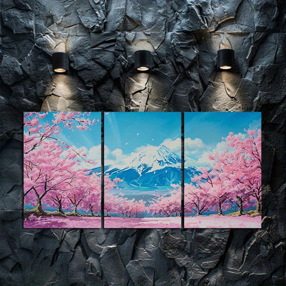 3pcs Cherry Blossom Japanese Mount Fuji Scenery Wall Art Set Canvas Framed 50x70cm - High Quality Print 100% Australian Made Wall Canvas Ready to Hang
