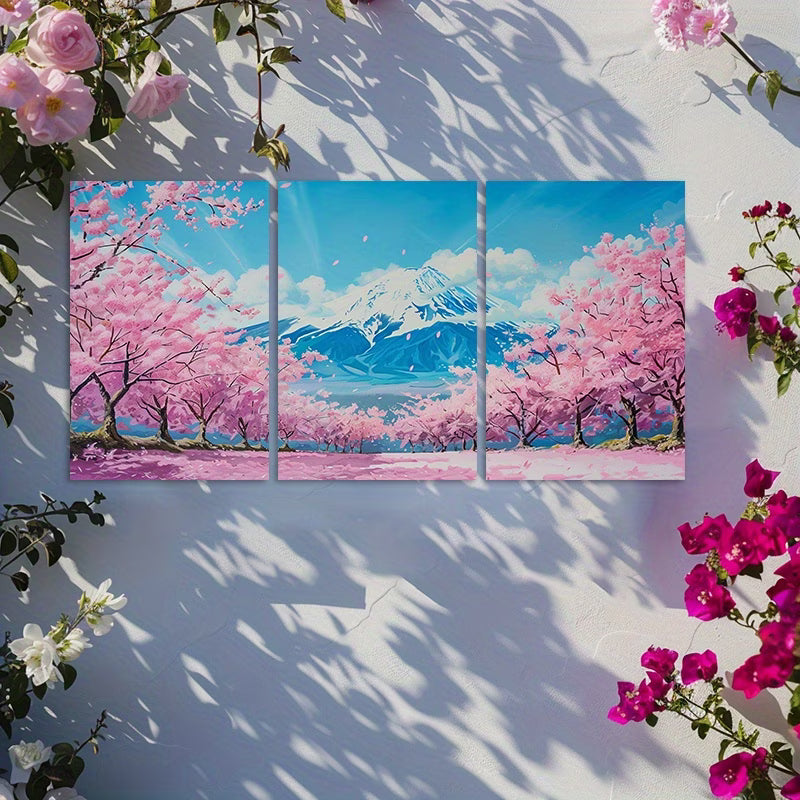 3pcs Cherry Blossom Japanese Mount Fuji Scenery Wall Art Set Canvas Framed 50x70cm - High Quality Print 100% Australian Made Wall Canvas Ready to Hang