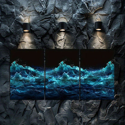 3pcs Ocean Wave Blue and Black Lighting Design Wall Art Set Canvas Framed 50x70cm - High Quality Print 100% Australian Made Wall Canvas Ready to Hang