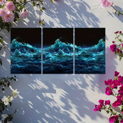 3pcs Ocean Wave Blue and Black Lighting Design Wall Art Set Canvas Framed 40x60cm - High Quality Print 100% Australian Made Wall Canvas Ready to Hang