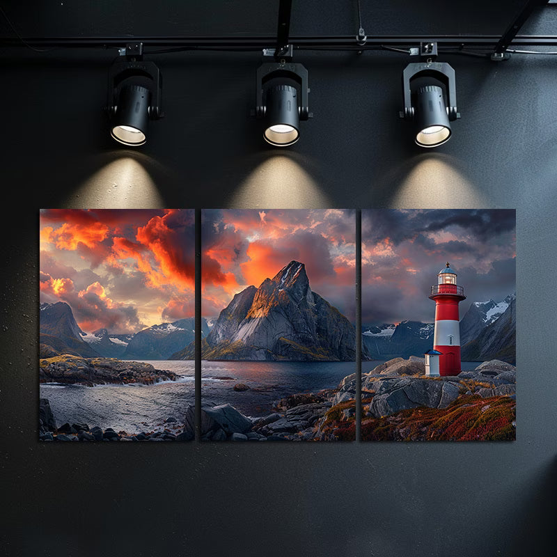 3pcs Majestic Norwegian Lighthouse Landscape Wall Art Set Canvas Framed 50x70cm - High Quality Print 100% Australian Made Wall Canvas Ready to Hang