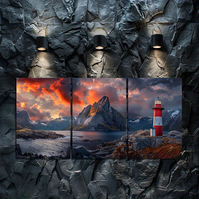 3pcs Majestic Norwegian Lighthouse Landscape Wall Art Set Canvas Framed 40x60cm - High Quality Print 100% Australian Made Wall Canvas Ready to Hang
