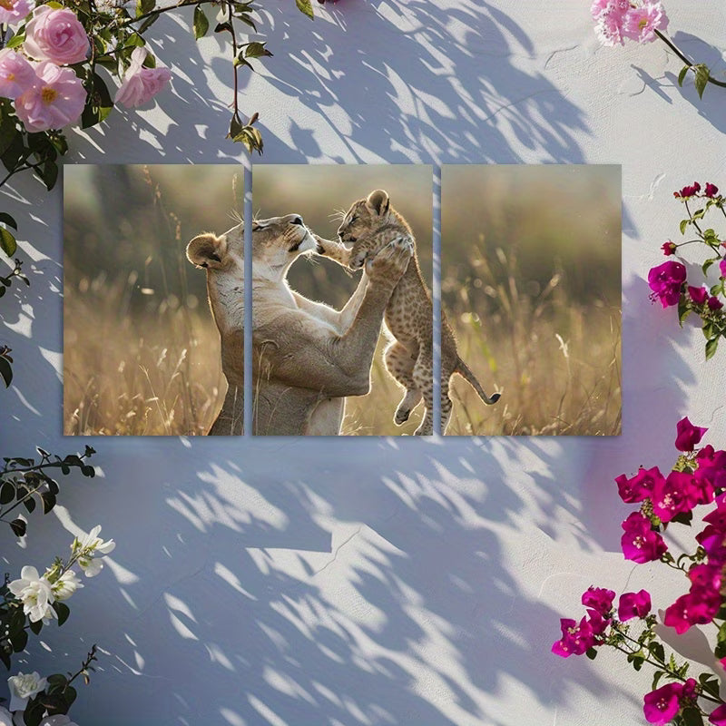 3pcs Lioness and Cub Wildlife Wall Art Set Canvas Framed 40x60cm - High Quality Print 100% Australian Made Wall Canvas Ready to Hang