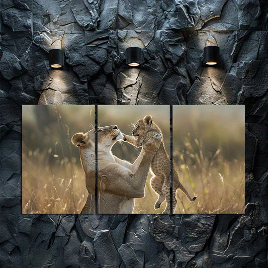 3pcs Lioness and Cub Wildlife Wall Art Set Canvas Framed 60x90cm - High Quality Print 100% Australian Made Wall Canvas Ready to Hang