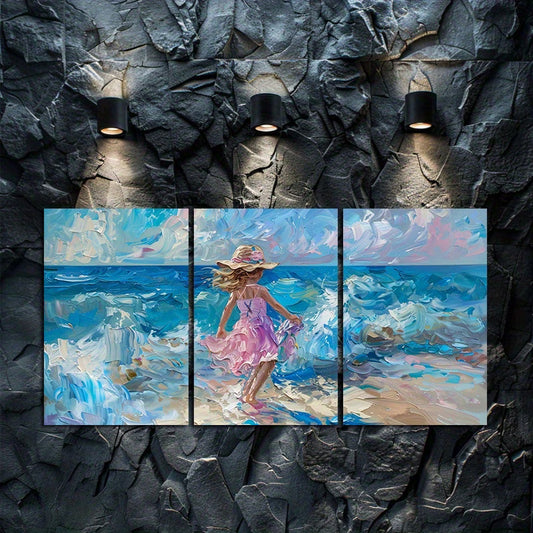 3pcs Girl in Pink Running on The Beach Wall Art Set Canvas Framed 50x70cm - High Quality Print 100% Australian Made Wall Canvas Ready to Hang