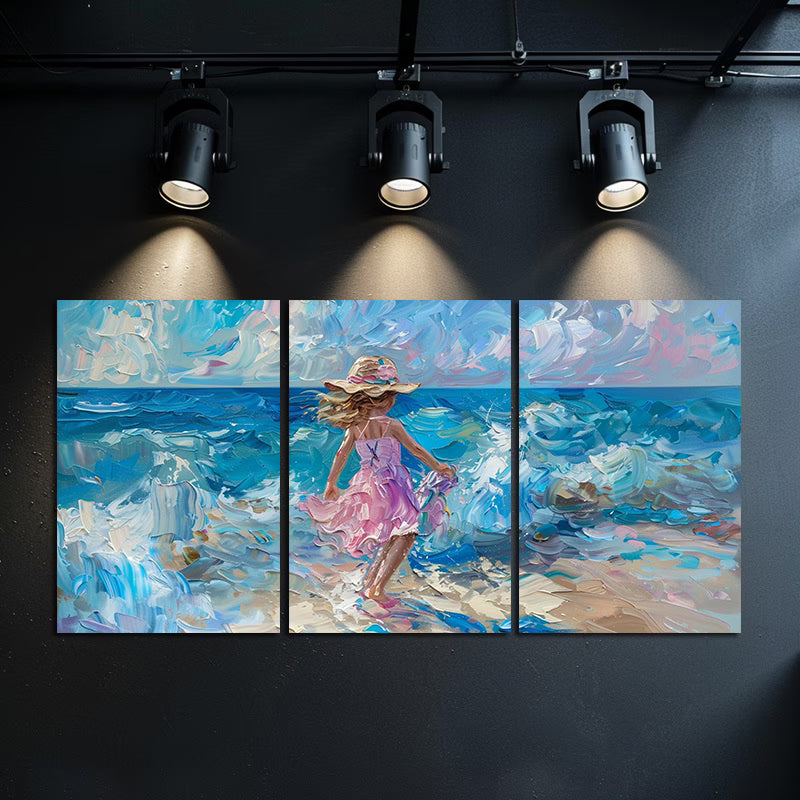 3pcs Girl in Pink Running on The Beach Wall Art Set Canvas Framed 50x70cm - High Quality Print 100% Australian Made Wall Canvas Ready to Hang