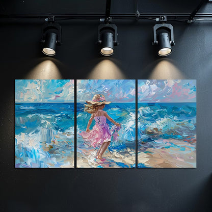 3pcs Girl in Pink Running on The Beach Wall Art Set Canvas Framed 50x70cm - High Quality Print 100% Australian Made Wall Canvas Ready to Hang