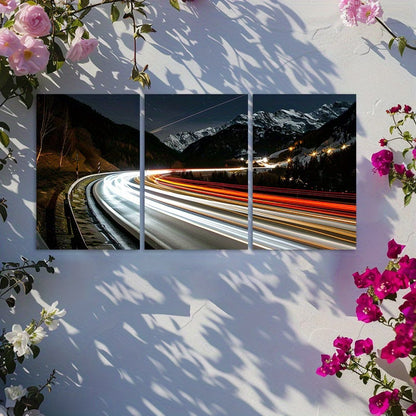 3pcs Winter Alpine Road Scene with Car Lights Wall Art Set Canvas Framed 60x90cm - High Quality Print 100% Australian Made Wall Canvas Ready to Hang