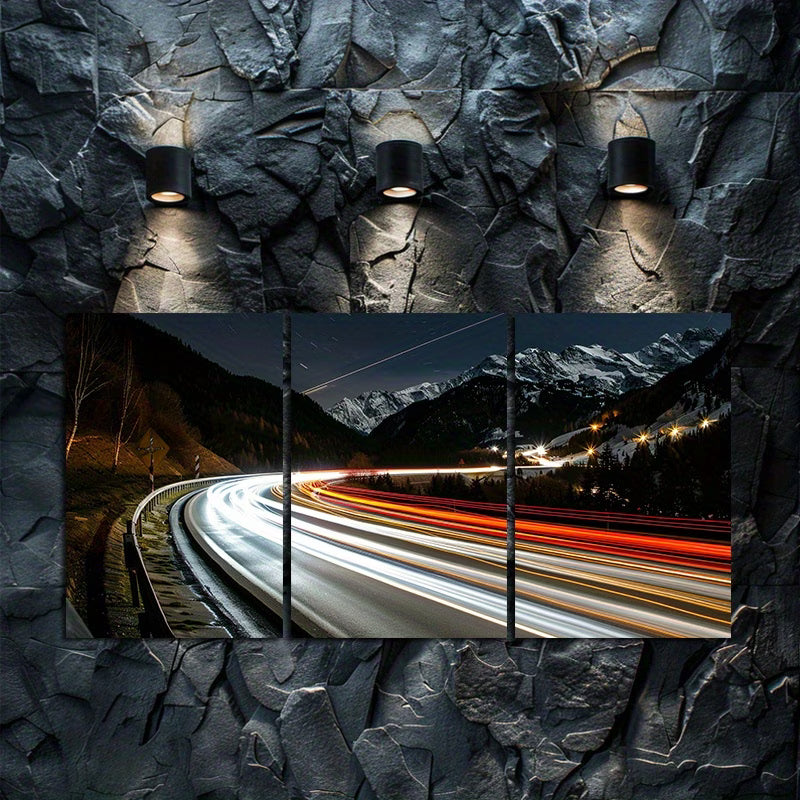 3pcs Winter Alpine Road Scene with Car Lights Wall Art Set Canvas Framed 40x60cm - High Quality Print 100% Australian Made Wall Canvas Ready to Hang