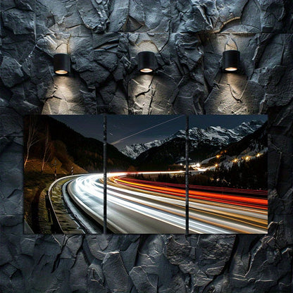 3pcs Winter Alpine Road Scene with Car Lights Wall Art Set Canvas Framed 60x90cm - High Quality Print 100% Australian Made Wall Canvas Ready to Hang