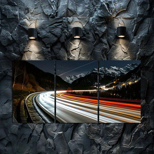 3pcs Winter Alpine Road Scene with Car Lights Wall Art Set Canvas Framed 60x90cm - High Quality Print 100% Australian Made Wall Canvas Ready to Hang
