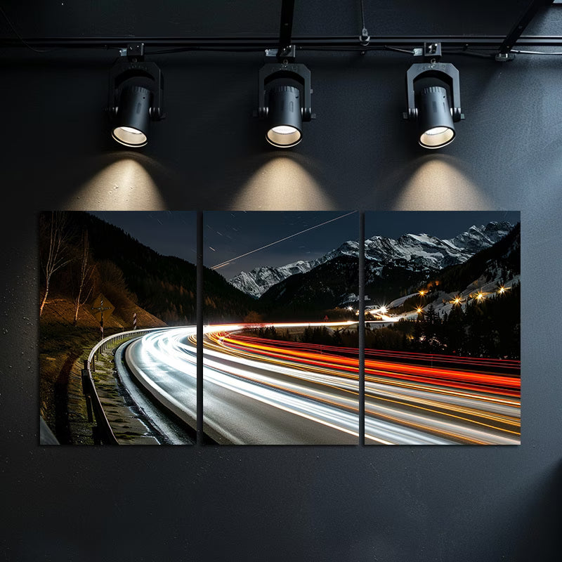 3pcs Winter Alpine Road Scene with Car Lights Wall Art Set Canvas Framed 40x60cm - High Quality Print 100% Australian Made Wall Canvas Ready to Hang