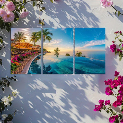 3pcs Luxury Hotel Infinity Pool Ocean View Wall Art Set Canvas Framed 60x90cm - High Quality Print 100% Australian Made Wall Canvas Ready to Hang