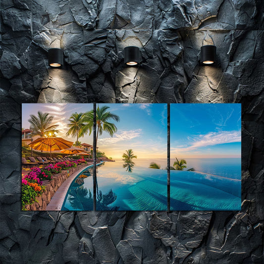 3pcs Luxury Hotel Infinity Pool Ocean View Wall Art Set Canvas Framed 60x90cm - High Quality Print 100% Australian Made Wall Canvas Ready to Hang