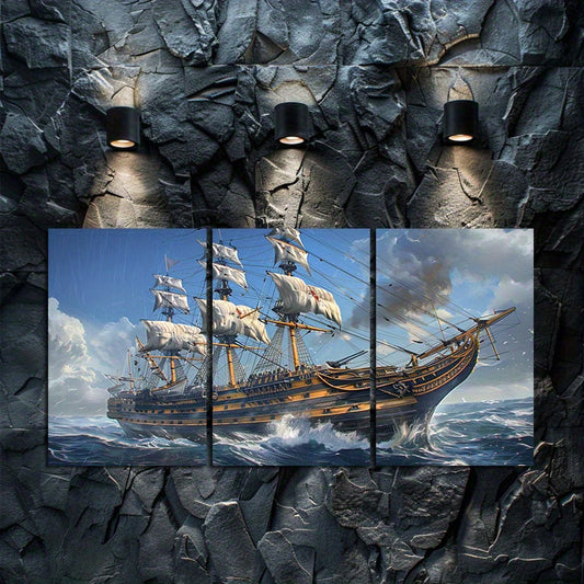 3pcs Maritime Frigate Sea Adventure Wall Art Set Canvas Framed 50x70cm - High Quality Print 100% Australian Made Wall Canvas Ready to Hang
