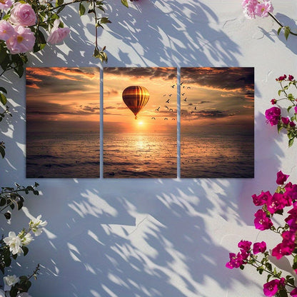 3pcs Hot Air Balloon Soaring Above Vast Ocean Wall Art Set Canvas Framed 50x70cm - High Quality Print 100% Australian Made Wall Canvas Ready to Hang