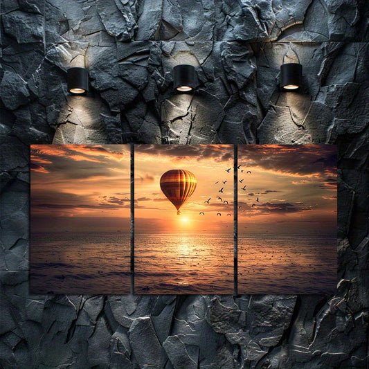 3pcs Hot Air Balloon Soaring Above Vast Ocean Wall Art Set Canvas Framed 40x60cm - High Quality Print 100% Australian Made Wall Canvas Ready to Hang