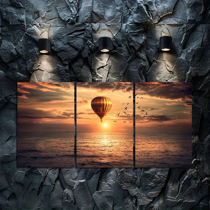 3pcs Hot Air Balloon Soaring Above Vast Ocean Wall Art Set Canvas Framed 50x70cm - High Quality Print 100% Australian Made Wall Canvas Ready to Hang