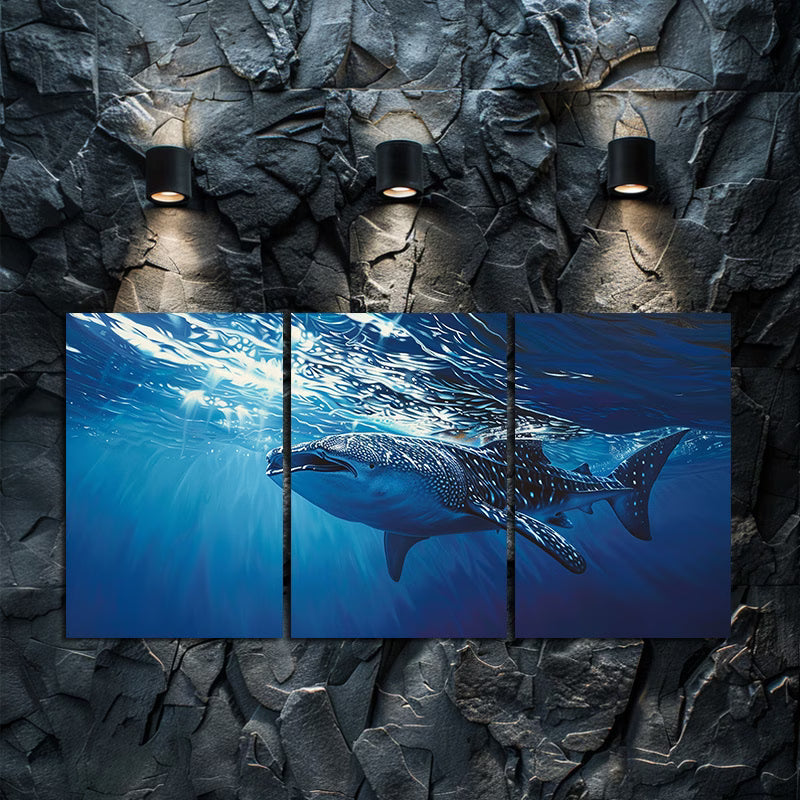3pcs Whale Shark Gliding Through Deep Blue Ocean Wall Art Set Canvas Framed 60x90cm - High Quality Print 100% Australian Made Wall Canvas Ready to Hang