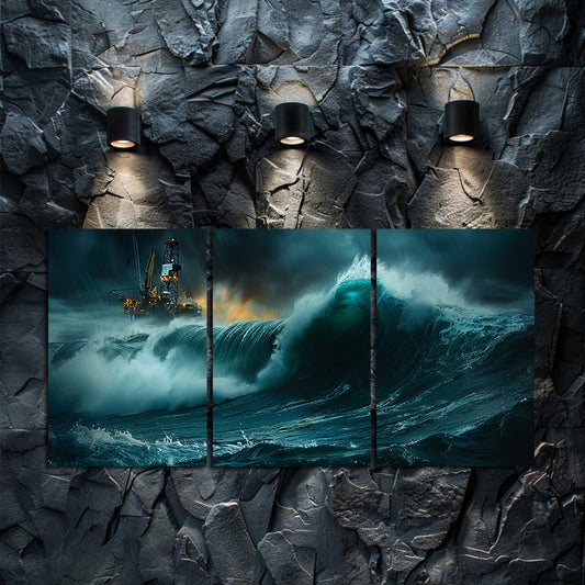 3pcs Ocean Wave and Oil Rig Scene Wall Art Set Canvas Framed 50x70cm - High Quality Print 100% Australian Made Wall Canvas Ready to Hang