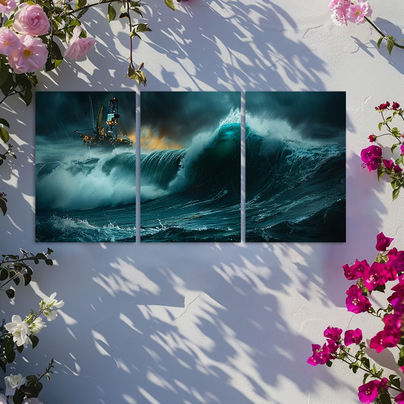 3pcs Ocean Wave and Oil Rig Scene Wall Art Set Canvas Framed 60x90cm - High Quality Print 100% Australian Made Wall Canvas Ready to Hang