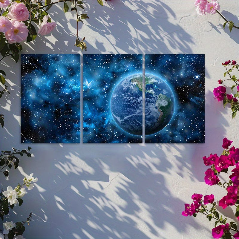 3pcs Panoramic Earth from Space Wall Art Set Canvas Framed 40x60cm - High Quality Print 100% Australian Made Wall Canvas Ready to Hang